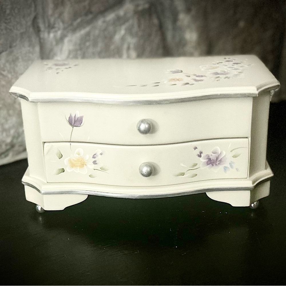 Vintage Upcycled  MELE Jewelry Box Hand Painted, Mirror, One Drawer
